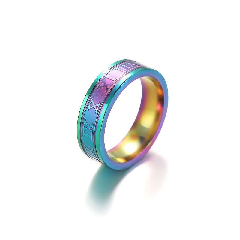 Stainless steel jewelry hot item European and American style 6mm corrosion Roman character multi-color optional titanium steel ring