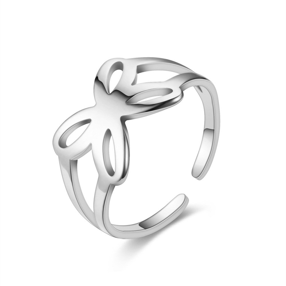 Stainless steel jewelry with simple cutting bow shaped four petal opening adjustable titanium steel ring