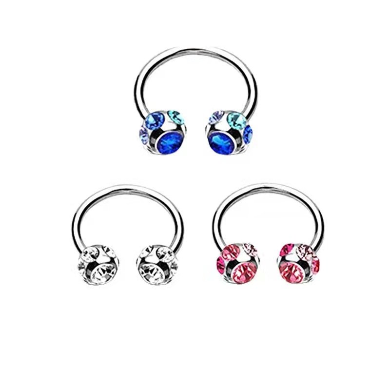 Stainless steel perforated rhinestone horseshoe shaped nose ring, lip rod earrings, versatile rings, European and American puncture jewelry