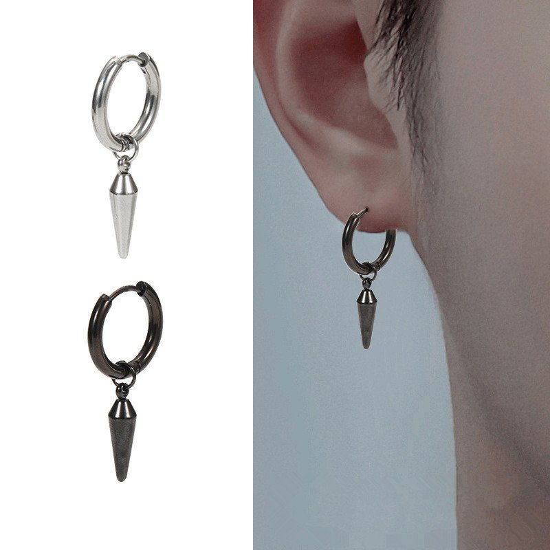 Stainless steel pointed cone earrings, ear rings for men and women, tapered trendy ear clips, Japanese and Korean new titanium steel hip-hop earrings, rivets