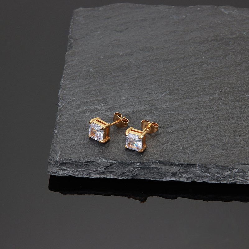 Stainless steel square zircon earrings for men and women, titanium steel fine stud post earrings, bone nail puncture jewelry