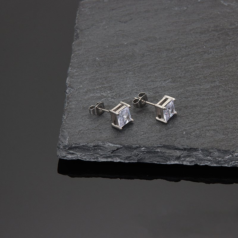 Stainless steel square zircon earrings for men and women, titanium steel fine stud post earrings, bone nail puncture jewelry