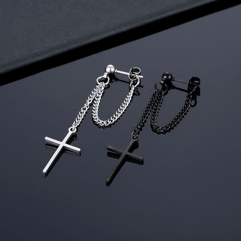 Titanium steel cross earrings, fashionable Gothic chain earrings, trendy stainless steel pendant earrings, punk accessories