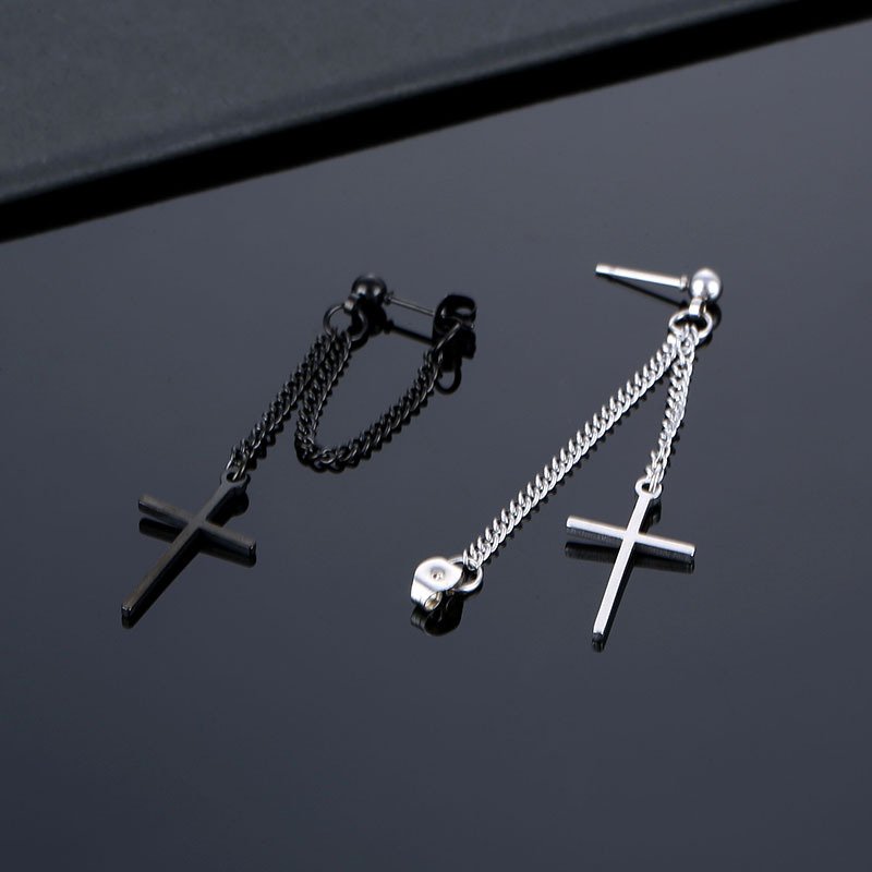 Titanium steel cross earrings, fashionable Gothic chain earrings, trendy stainless steel pendant earrings, punk accessories