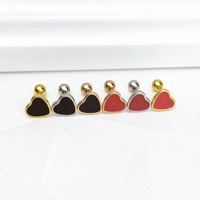 Titanium steel drip oil red small heart ear studs, screw stud posts, non removable ear bone studs, earlobes, small ear studs, Japanese and Korean female students