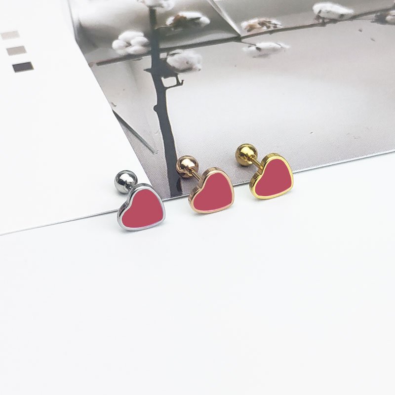 Titanium steel drip oil red small heart ear studs, screw stud posts, non removable ear bone studs, earlobes, small ear studs, Japanese and Korean female students