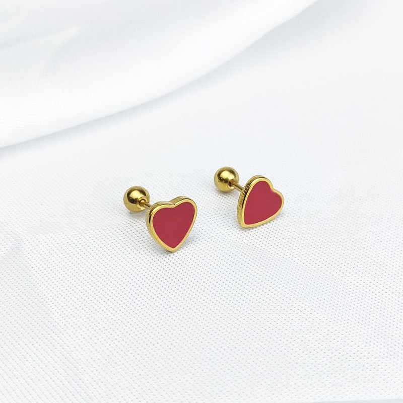 Titanium steel drip oil red small heart ear studs, screw stud posts, non removable ear bone studs, earlobes, small ear studs, Japanese and Korean female students