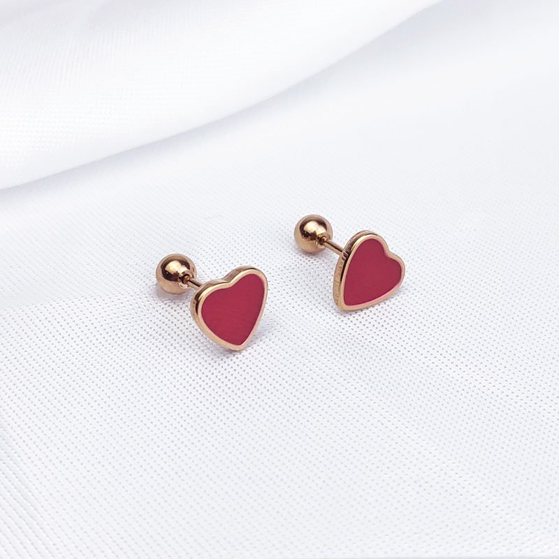 Titanium steel drip oil red small heart ear studs, screw stud posts, non removable ear bone studs, earlobes, small ear studs, Japanese and Korean female students