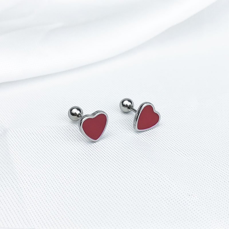 Titanium steel drip oil red small heart ear studs, screw stud posts, non removable ear bone studs, earlobes, small ear studs, Japanese and Korean female students