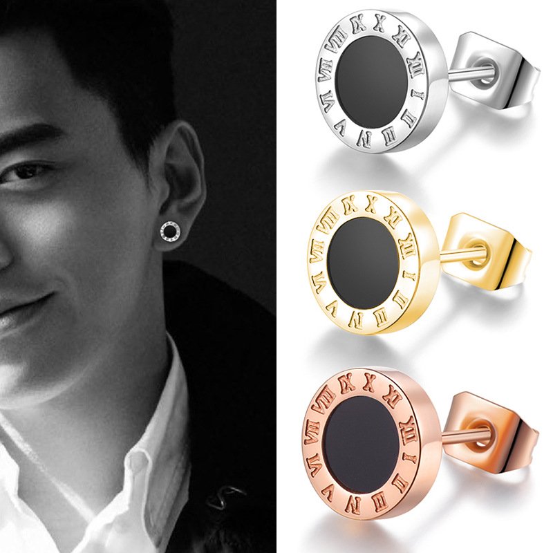 Titanium steel earrings for men, Roman numeral earrings, Japanese and Korean trendy men's fine stud post single personalized fashionable ear accessories