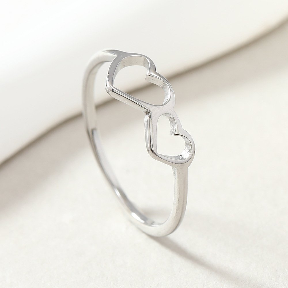 Titanium steel ring, simple geometric hollow heart ring, heart to heart matching couple ring, stainless steel jewelry