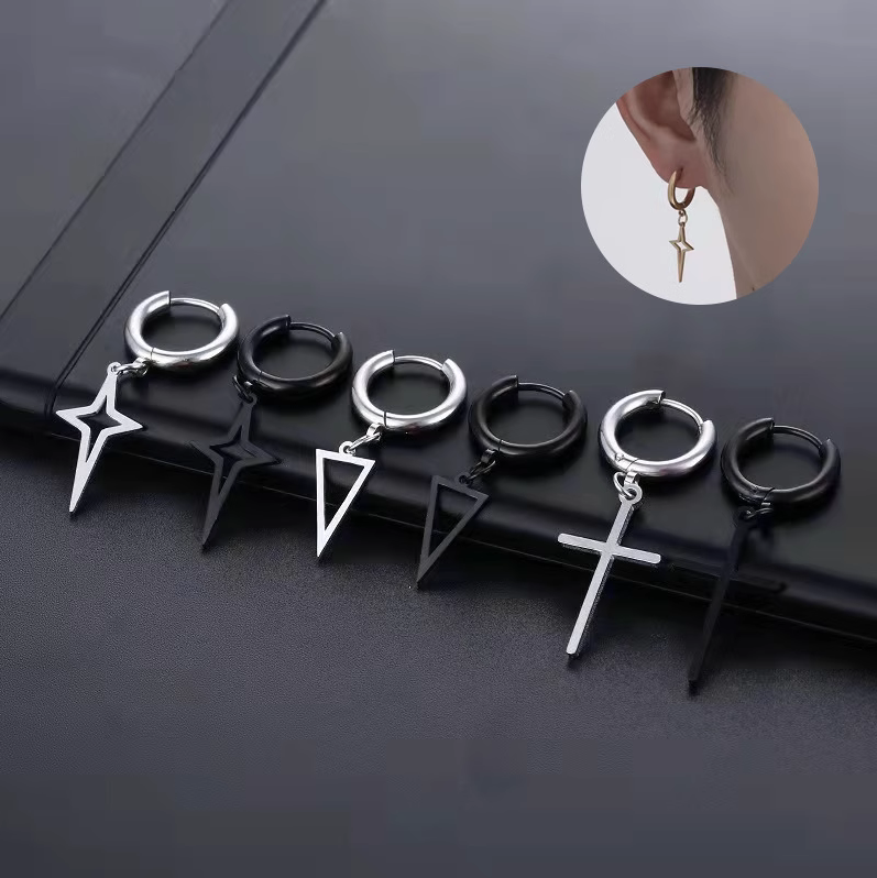 Titanium steel stainless steel round wire earrings hanging four pointed star pendant earrings ear accessories for men and women fashion