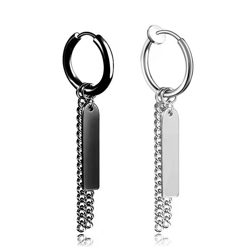 Trendy hang tag style tassel chain earrings for men with trendy personality, earrings without ear holes, ear clips made of stainless steel, trendy