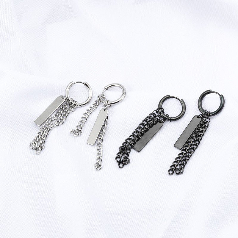 Trendy hang tag style tassel chain earrings for men with trendy personality, earrings without ear holes, ear clips made of stainless steel, trendy