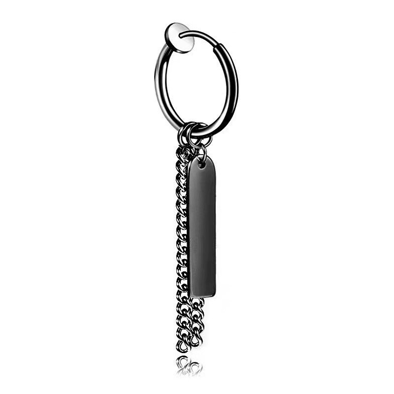 Trendy hang tag style tassel chain earrings for men with trendy personality, earrings without ear holes, ear clips made of stainless steel, trendy