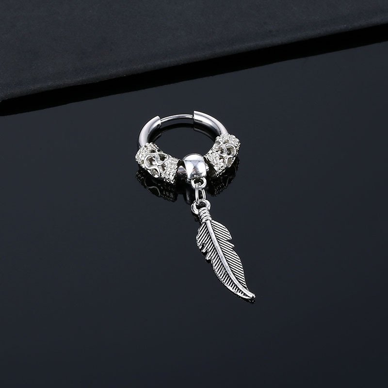 Vintage Tibetan Dragon Feather Pendant Stainless Steel Round Wire Earrings Titanium Steel Ear Bone Buckle Hip Hop Men's and Women's Earrings Earrings