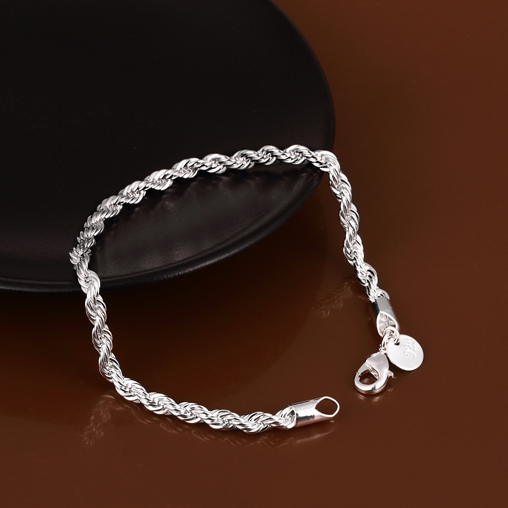 925 silver plated bracelet, 3mm twisted rope bracelet, men's-women's bracelet, fashionable and simple jewelry