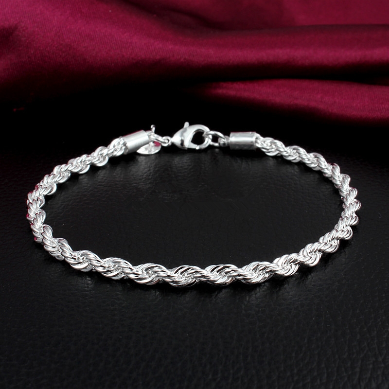 925 silver plated bracelet, 3mm twisted rope bracelet, men's-women's bracelet, fashionable and simple jewelry