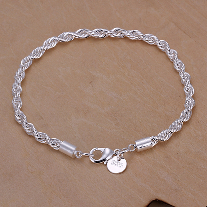 925 silver plated bracelet, 3mm twisted rope bracelet, men's-women's bracelet, fashionable and simple jewelry