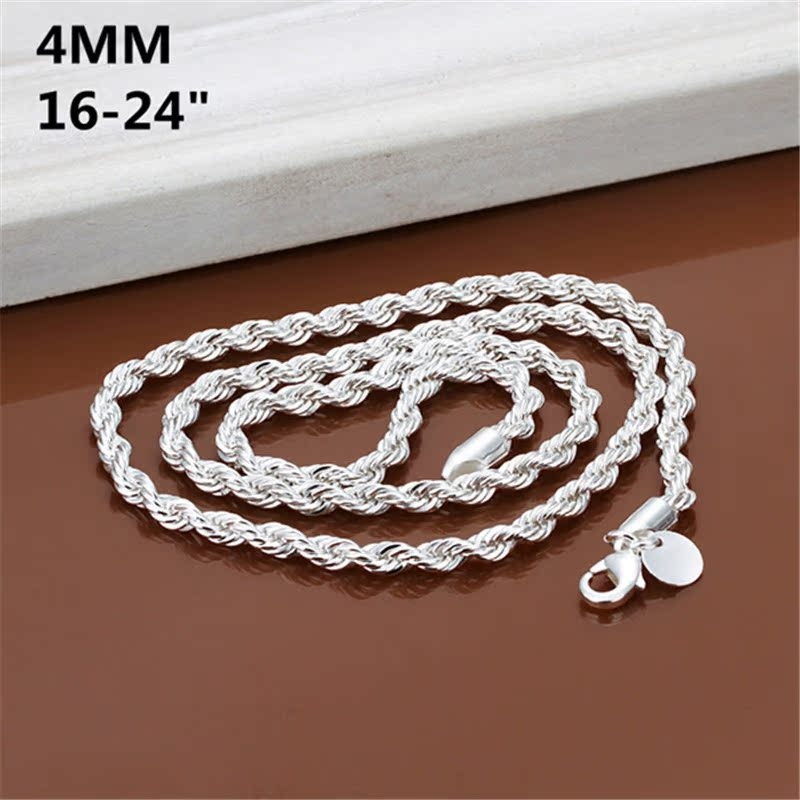 925 silver plated necklace 4mm twisted rope silver chain 18-24 inches men's necklace foreign trade jewelry source