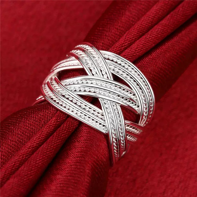 925 silver ring women's wide woven mesh ring with adjustable opening, European and American fashion geometric silver jewelry