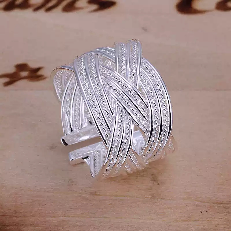 925 silver ring women's wide woven mesh ring with adjustable opening, European and American fashion geometric silver jewelry