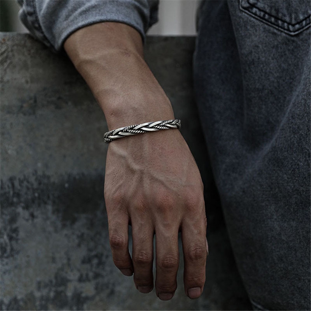 Men's Bracelet, Retro Style, Thai Silver Braided Open Bracelet, Trendy Men's Personalized Bracelet, Simple Handpiece Jewelry