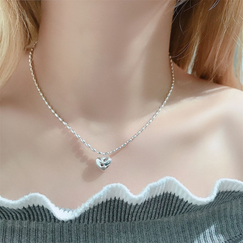 Necklace, women's pure silver, rice bead chain, heart-shaped pendant, collarbone chain, fashionable, light luxury, ins, high-end first accessory