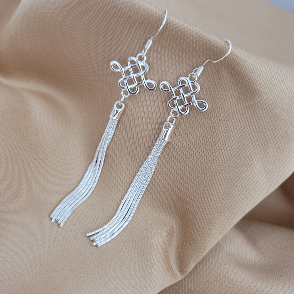 Silver earrings, women's concentric knot tassel long earrings, earrings, fashionable ethnic style headwear, foreign trade silver jewelry