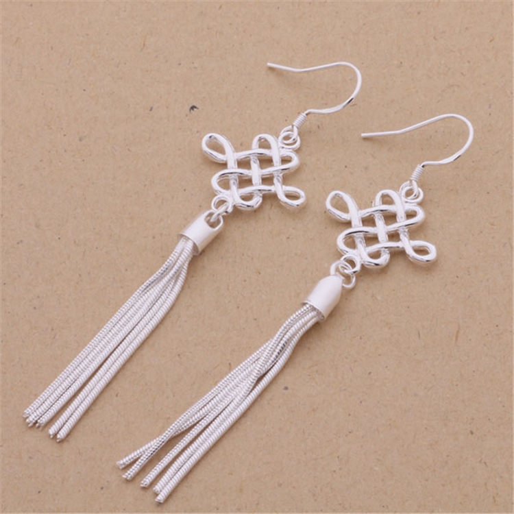 Silver earrings, women's concentric knot tassel long earrings, earrings, fashionable ethnic style headwear, foreign trade silver jewelry