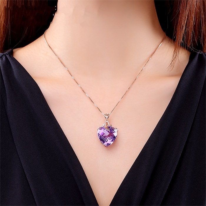 925 pure silver rose gold heart-shaped amethyst pendant for women, luxurious and atmospheric gemstone amethyst necklace for women to give to girlfriends