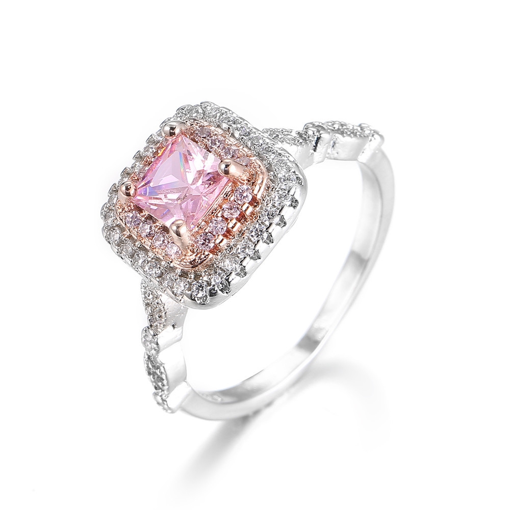 925 Silver Pink Colored Gemstone Square Princess Ring for Women