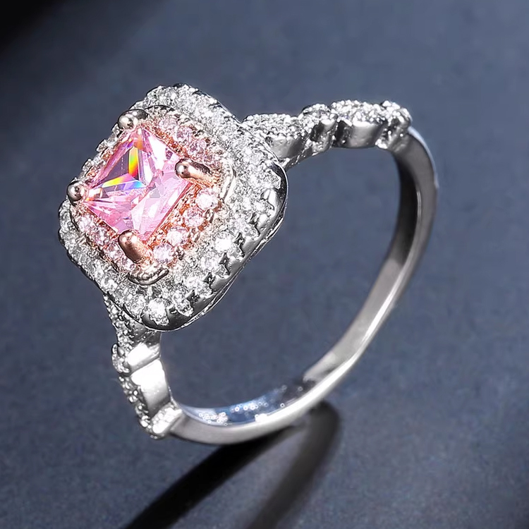 925 Silver Pink Colored Gemstone Square Princess Ring for Women