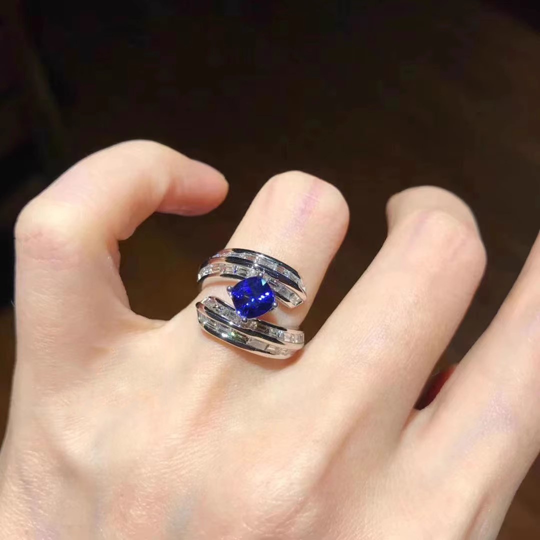 Artdeco Square Royal Blue Sapphire Open Ring with Light Luxury and Blue Pointed Crystal Ring for Women