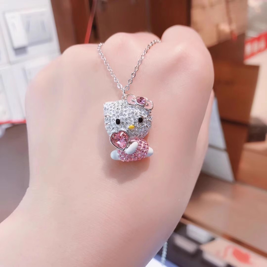 Austrian Crystal Hello Kitty Pink Cat Head Love Necklace Luxury Cat Pink Diamond Pendant for Women