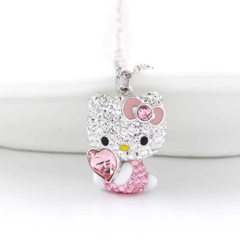 Austrian Crystal Hello Kitty Pink Cat Head Love Necklace Luxury Cat Pink Diamond Pendant for Women