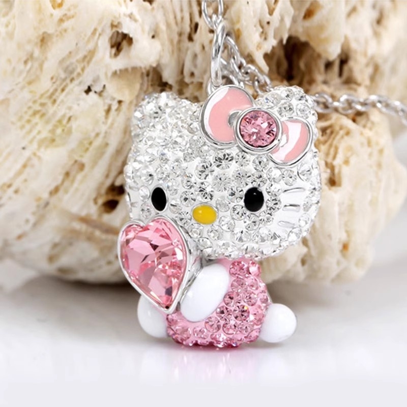 Austrian Crystal Hello Kitty Pink Cat Head Love Necklace Luxury Cat Pink Diamond Pendant for Women