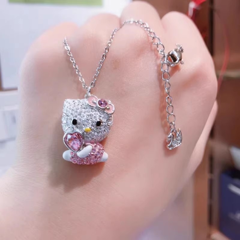 Austrian Crystal Hello Kitty Pink Cat Head Love Necklace Luxury Cat Pink Diamond Pendant for Women