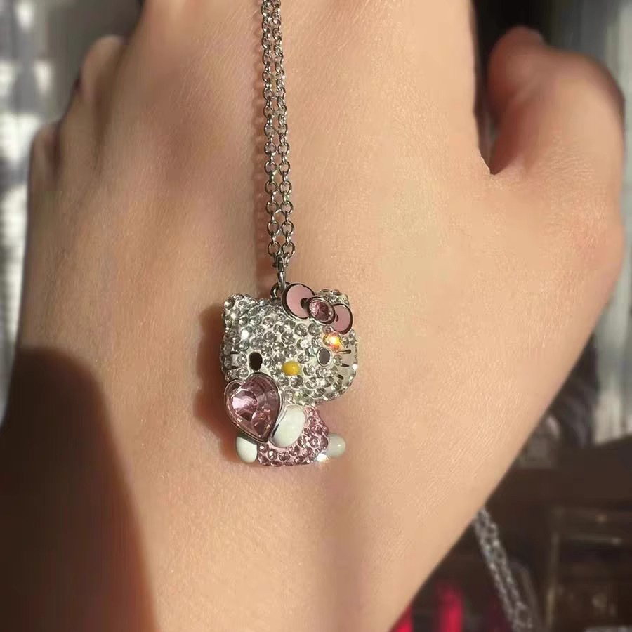 Austrian Crystal Hello Kitty Pink Cat Head Love Necklace Luxury Cat Pink Diamond Pendant for Women