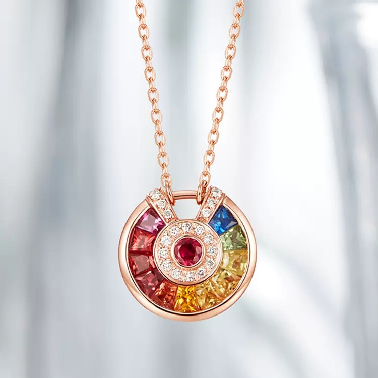 Colorful talisman necklace, lucky talisman pendant for women, plated with 18K rose gold and colorful gemstones, light luxury necklace for women