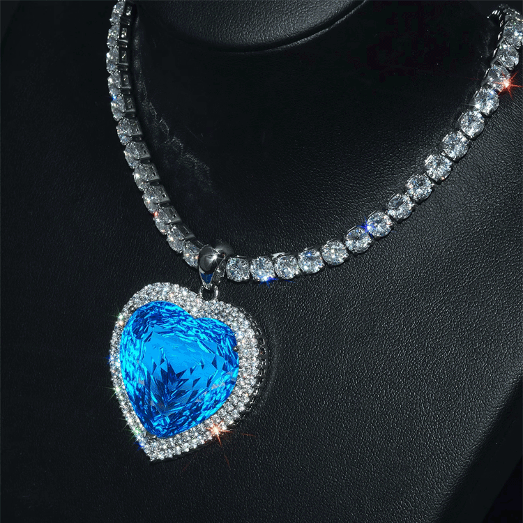 Classic Ocean Heart Necklace with Deep Blue and Green Topaz and Diamond Inlay