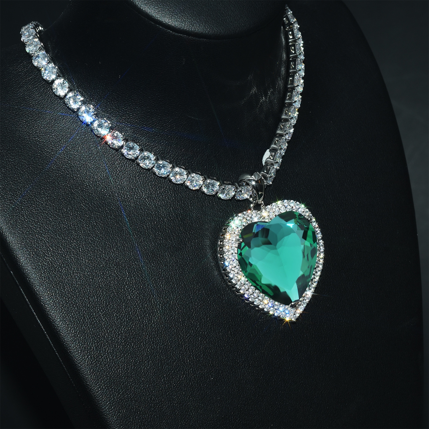 Classic Ocean Heart Necklace with Deep Blue and Green Topaz and Diamond Inlay