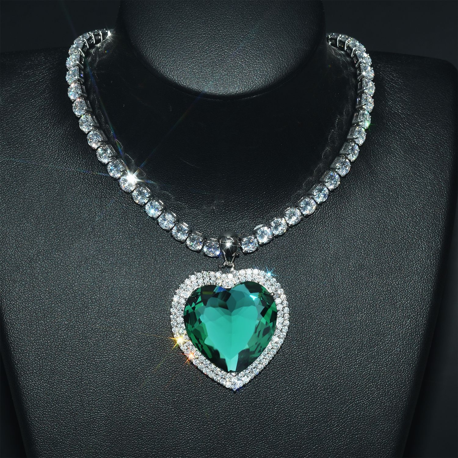 Classic Ocean Heart Necklace with Deep Blue and Green Topaz and Diamond Inlay