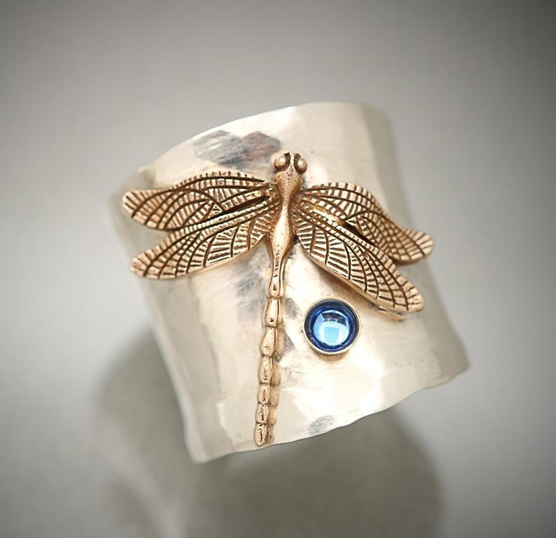 925 Silver Retro Carved Gold Dragonfly Ring, Exaggerated Round Tube Bee Bird Magpie Ring