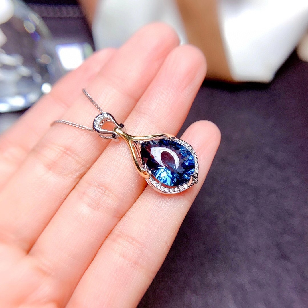 Fashionable mermaid's tear pendant is popular on the internet, selling two tone electroplated sapphire gemstone necklace