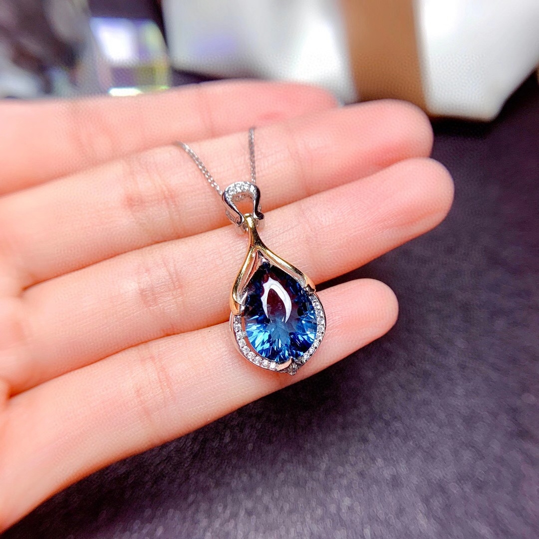 Fashionable mermaid's tear pendant is popular on the internet, selling two tone electroplated sapphire gemstone necklace