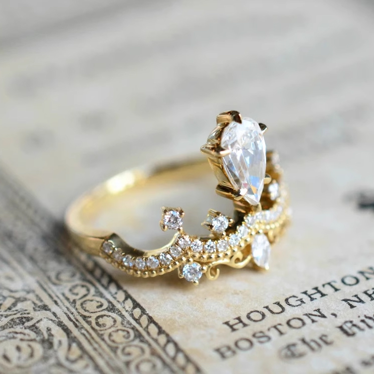 Teardrop Pear-Cut Moissanite Gold-Plated Crown Ring