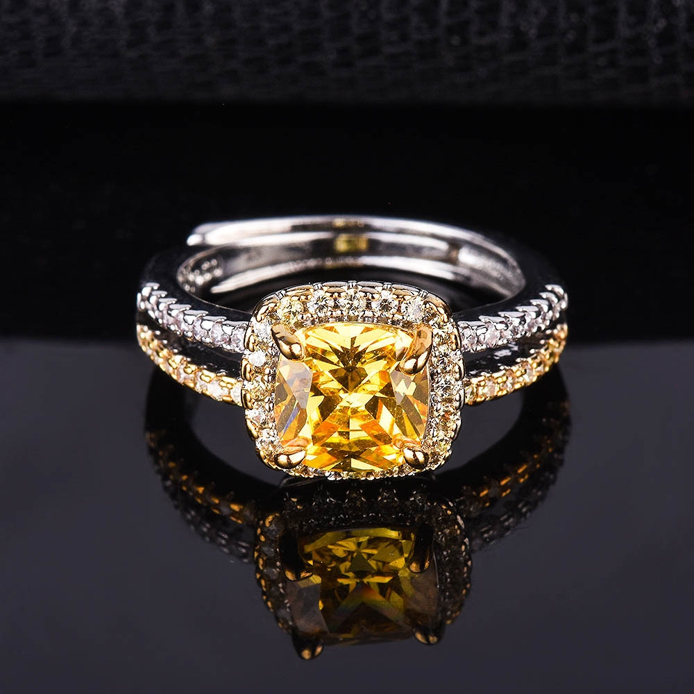 Creative Double-Layer Open Ring with Princess-Cut Simulated Yellow Diamond and Full Pavé Setting