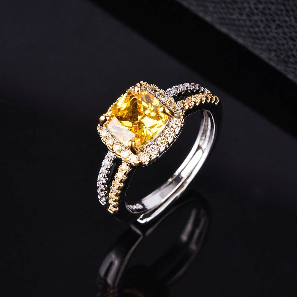 Creative Double-Layer Open Ring with Princess-Cut Simulated Yellow Diamond and Full Pavé Setting