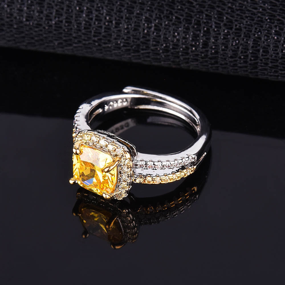 Creative Double-Layer Open Ring with Princess-Cut Simulated Yellow Diamond and Full Pavé Setting